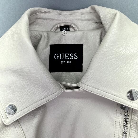 Women's GUESS Faux Leather Asymmetrical Moto Jacket Size M Cream‎ Ivory - Picture 8 of 16